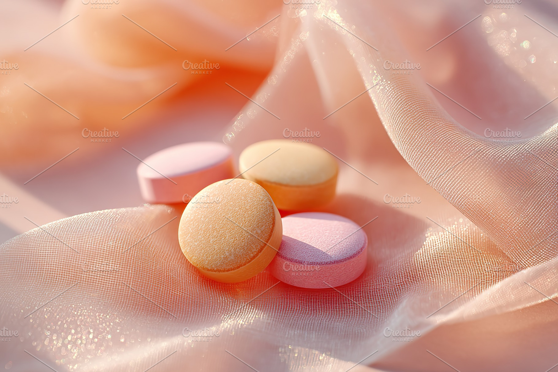 Soft pastel tablets resting on delicate fabric in warm sunlight during golden h, a Photo by AlyaAnd