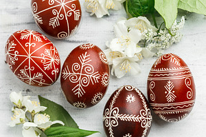 Red painted Ukrainian Easter eggs