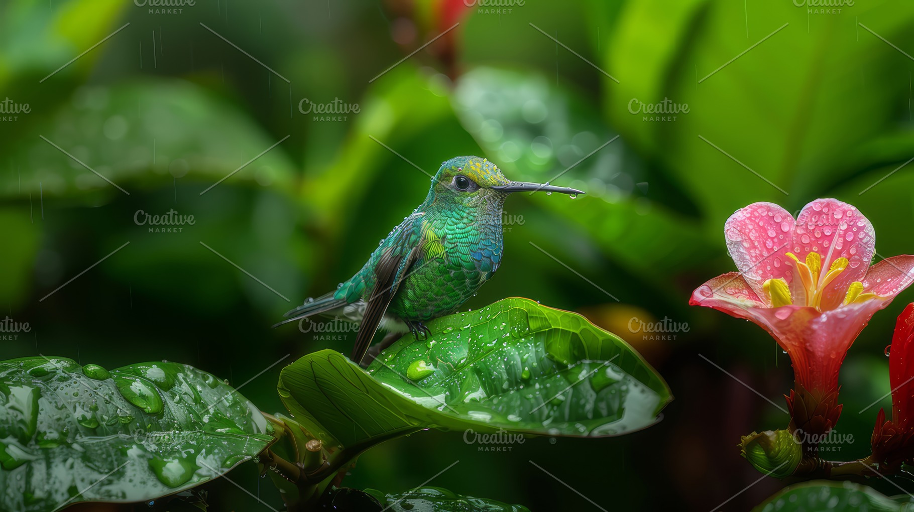 Vibrant Green Violet-ear Hummingbird Resting on Rain-Soaked Leaves Near Colorfu, a Photo by AS photostudio