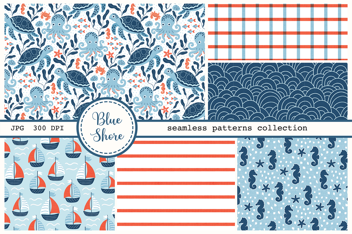 Blue Shore - Seamless Patterns Set, a Pattern Graphic by Cuteanny Design (Photo 1 of 8)