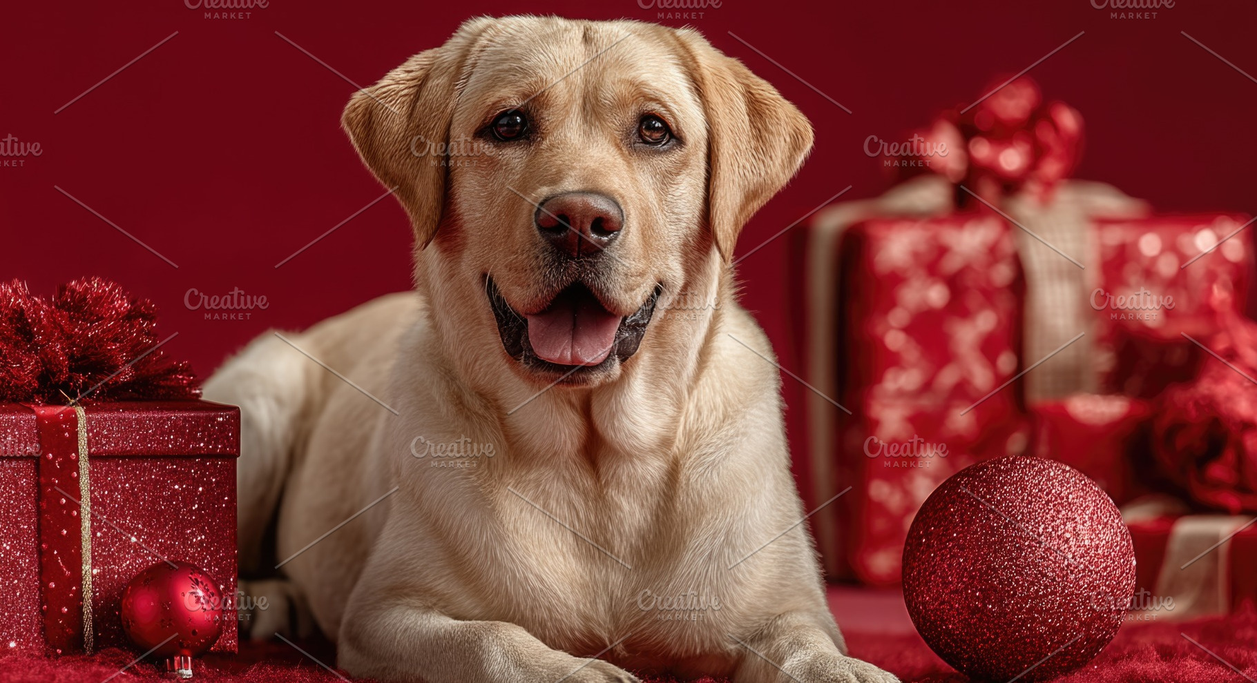Happy Labrador Retriever Christmas Portrait with Red Gifts and F, a Background Photo by José Manuel Gelpi