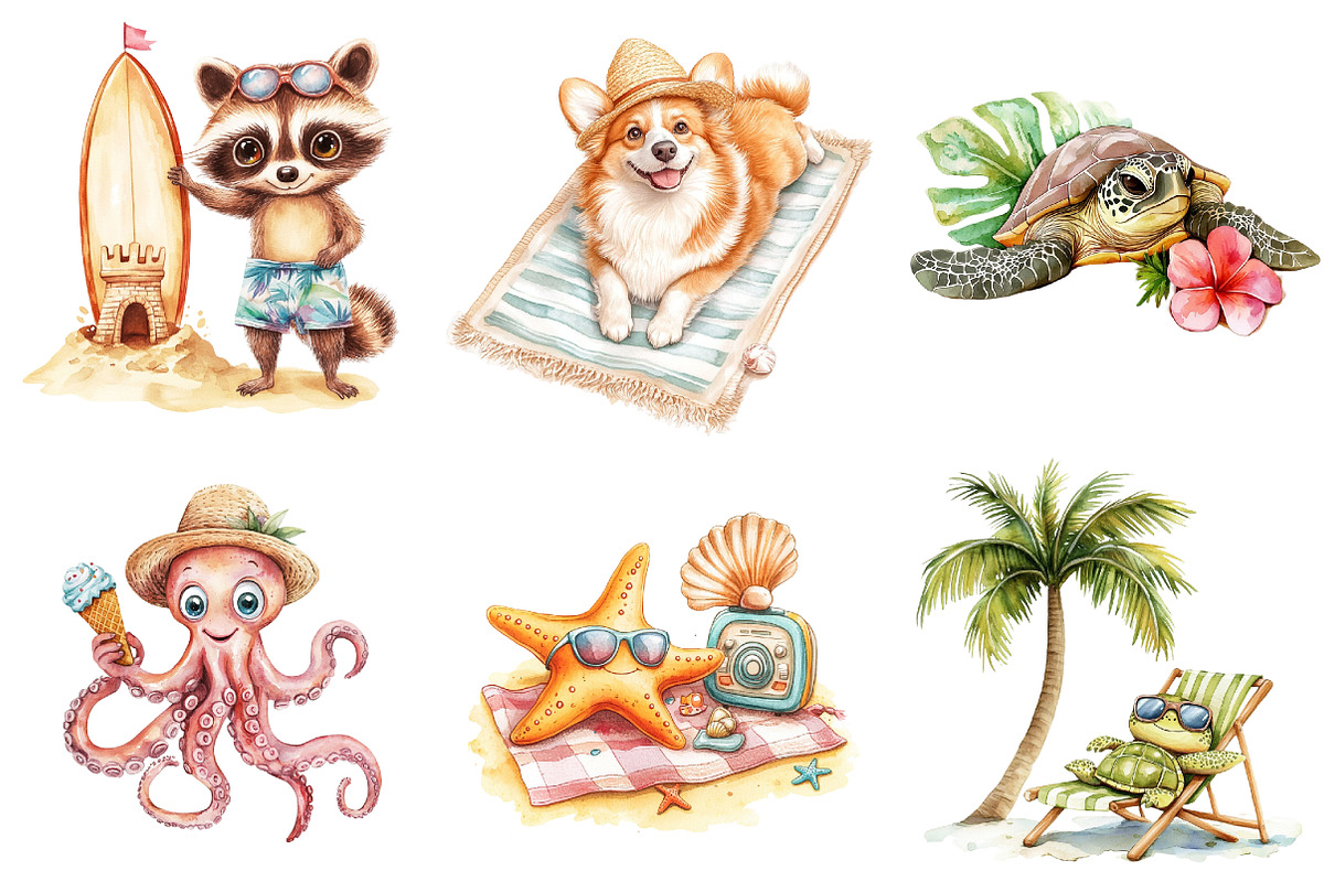 Summer Animals Relaxing on Beach, an Animal Illustration by DreamArtGraphic (Photo 3 of 4)