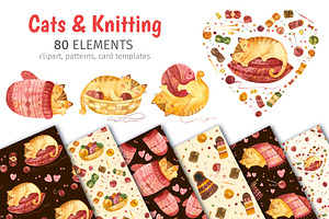Watercolor Cute Cats & Knitting