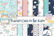 Kawaii Cat in the Rain Digital Paper, a Pattern Graphic by lindoet23 (Thumbnail 1 of 7)