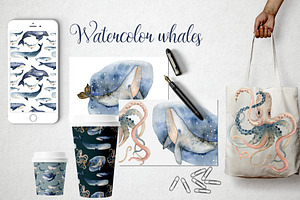 Watercolor Whales & Patterns