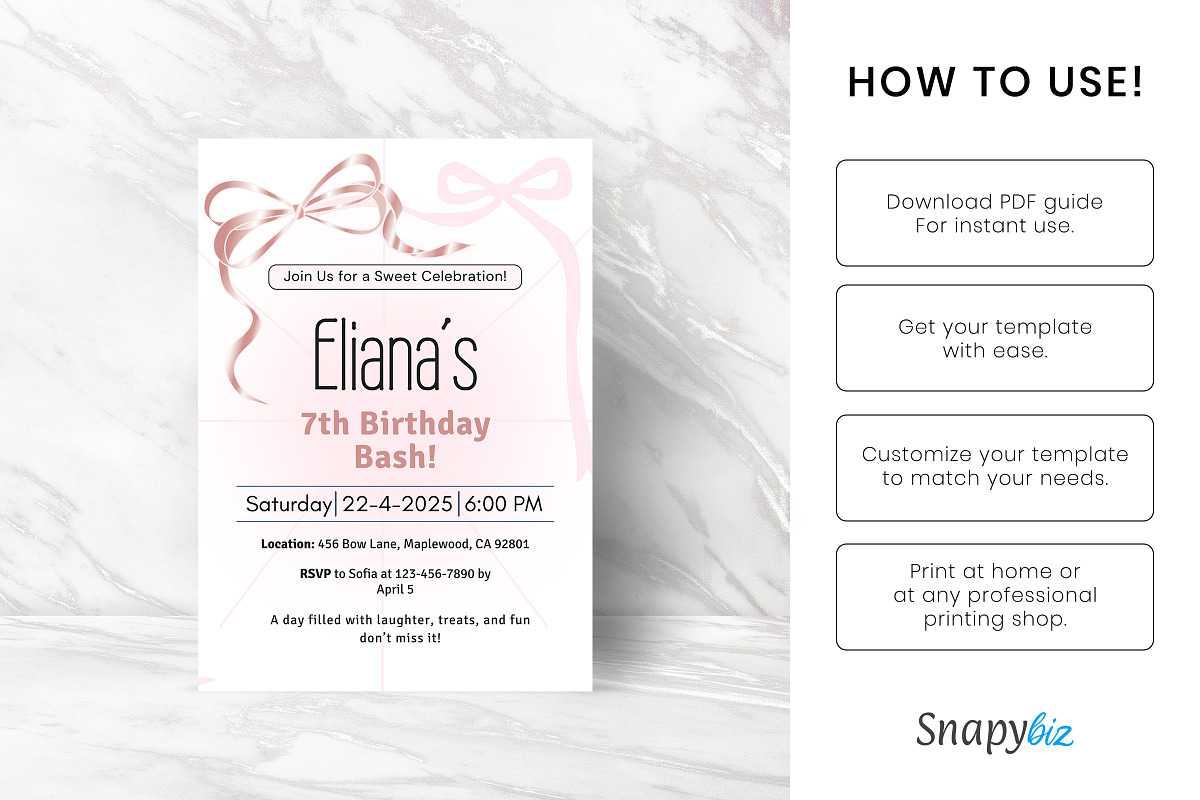 Pink Bow Birthday Invitation Temp, an Invitation Template by Snapybiz (Photo 10 of 10)