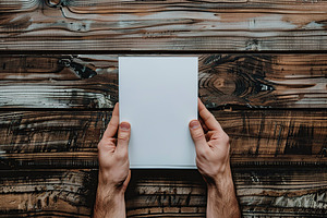 Male hands with blank sheet of paper on wooden background, a Background Photo by AlyaAnd