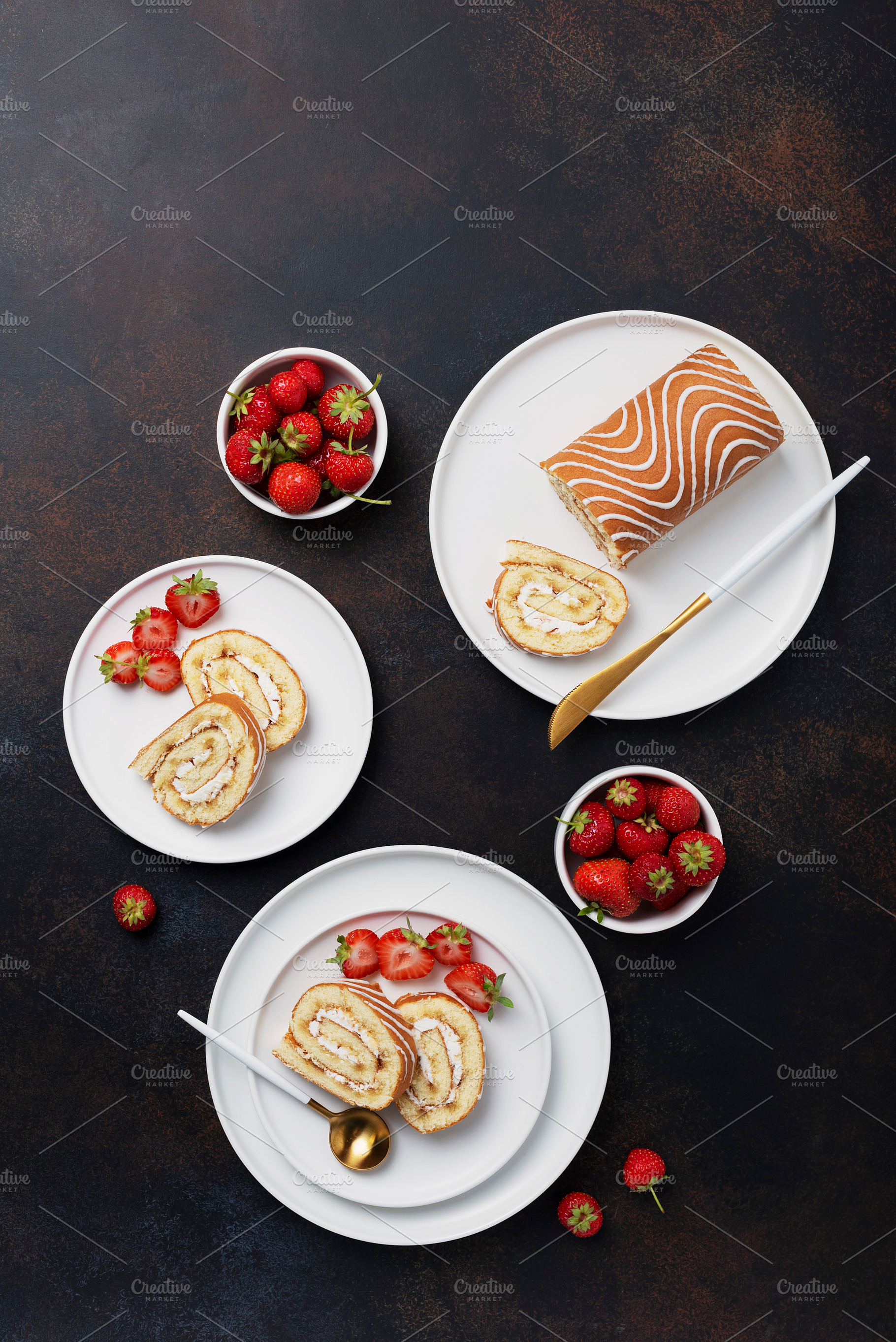 Sweet roll cake with white biscuit containing dark, strawberry, and nobody, a Food & Drink Photo by oxana.denezhkina