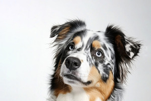Studio portrait of a blue merle Australian Shepherd dog with blu, an Animal Photo by José Manuel Gelpi