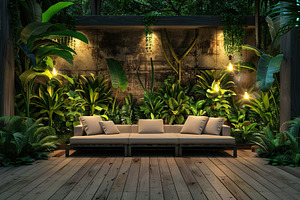 Wooden terrace with furniture on green forest background, a Beauty & Fashion Photo by AlyaAnd