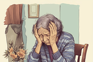 Elderly woman distressed over documents at table with flowers and teacup, an Illustration by AS photostudio