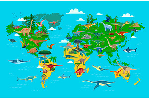 Prehistoric dinosaurs world map, an Animal Illustration by Vector Tradition