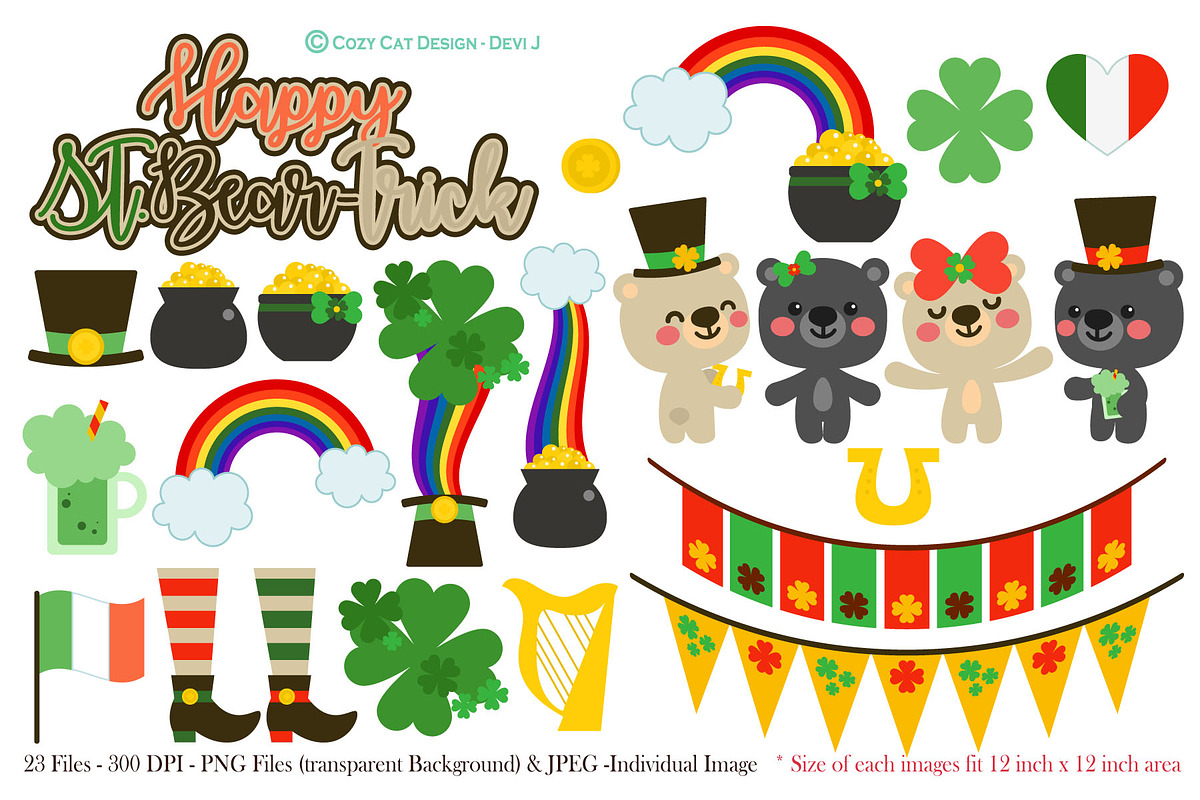 Happy St. Beartrick Day Clip Art, a Seasonal Illustration by Cozy Cat Design (Photo 1 of 10)
