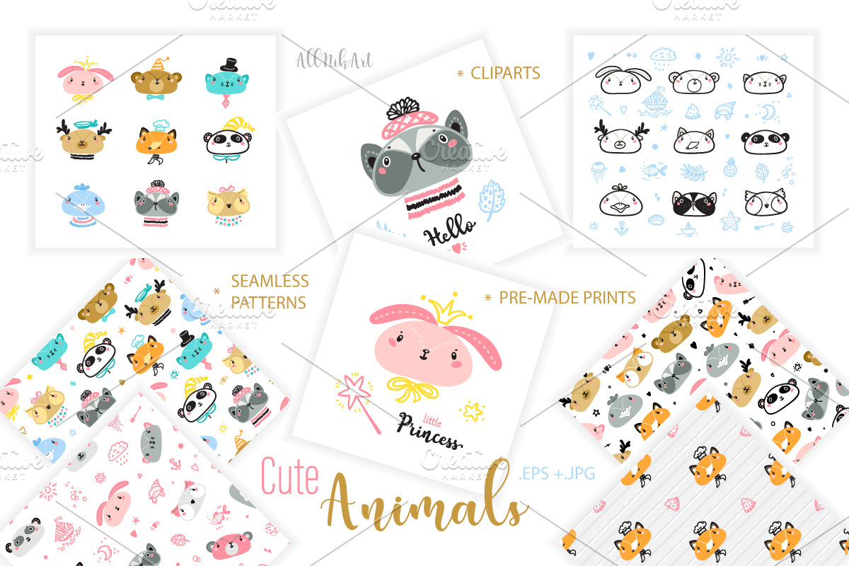 Cute Animal Illustrations & Patterns, a Pattern Graphic by AllNikArt (Photo 1 of 15)