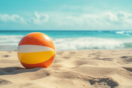 Colorful Beach Ball on Sandy Shore with Ocean Waves