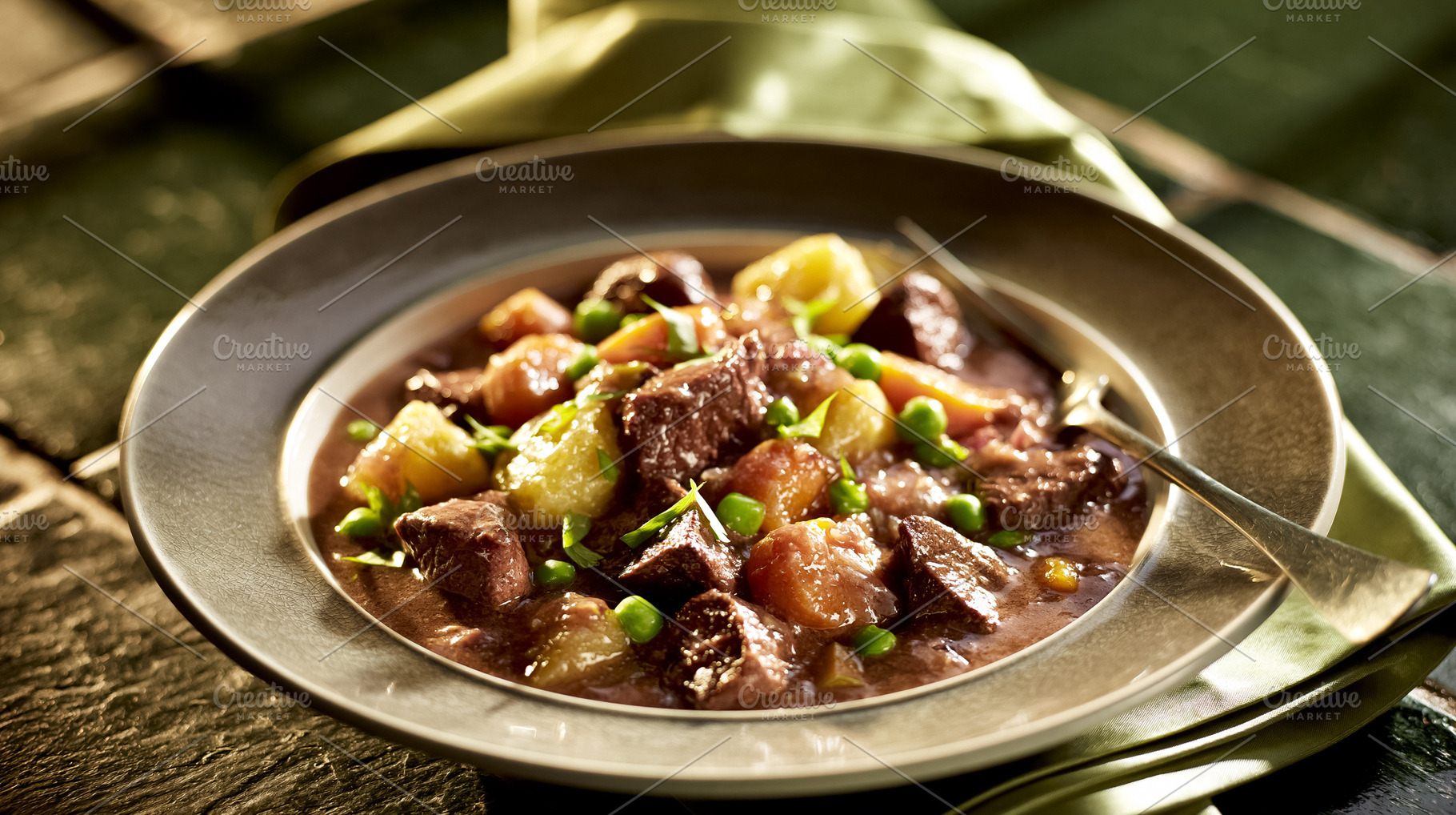 Beef stew simmering in a rustic bowl, offering a rich and warming comfort food, a Photo by Studio ANNA
