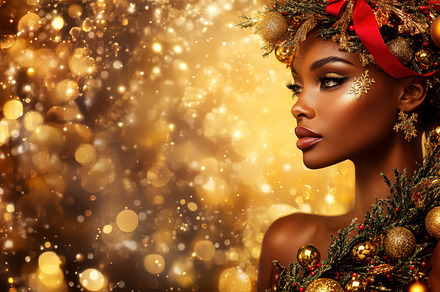 Beautiful woman holding Christmas branches and golden ornaments, surrounded by, a Holiday Photo by Mashimara