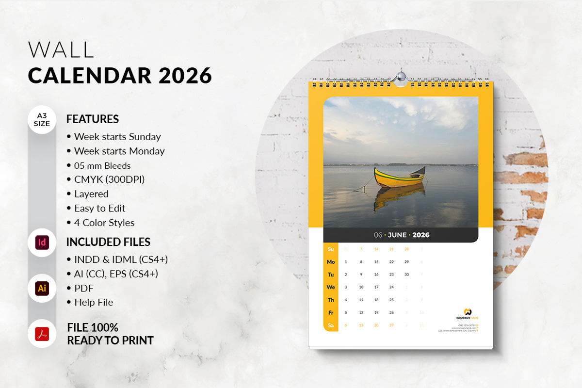 A3 Size Wall Calendar 2026 Printable, a Stationery Template by MstArtwork (Photo 1 of 8)