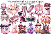 Watercolor Pink Halloween Clipart, a Seasonal Illustration by CitraGraphics (Thumbnail 1 of 7)