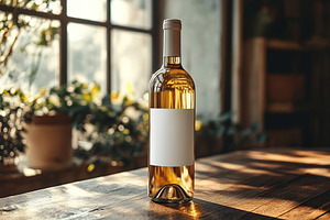 Blank label white wine bottle stands on a wooden table illuminated by warm sunl, a Food & Drink Photo by AlyaAnd