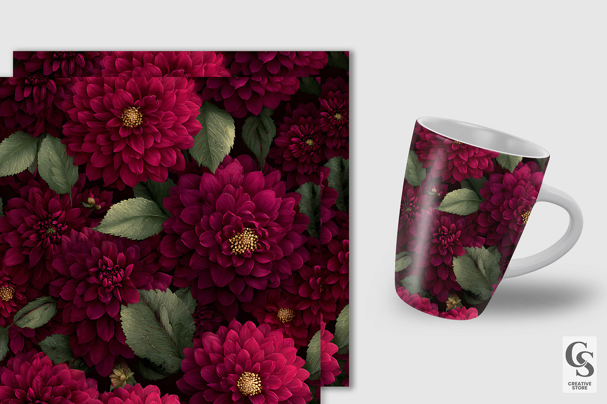Burgundy Dahlia Flower Digital Paper, a Pattern Graphic by Creative Store (Photo 2 of 5)