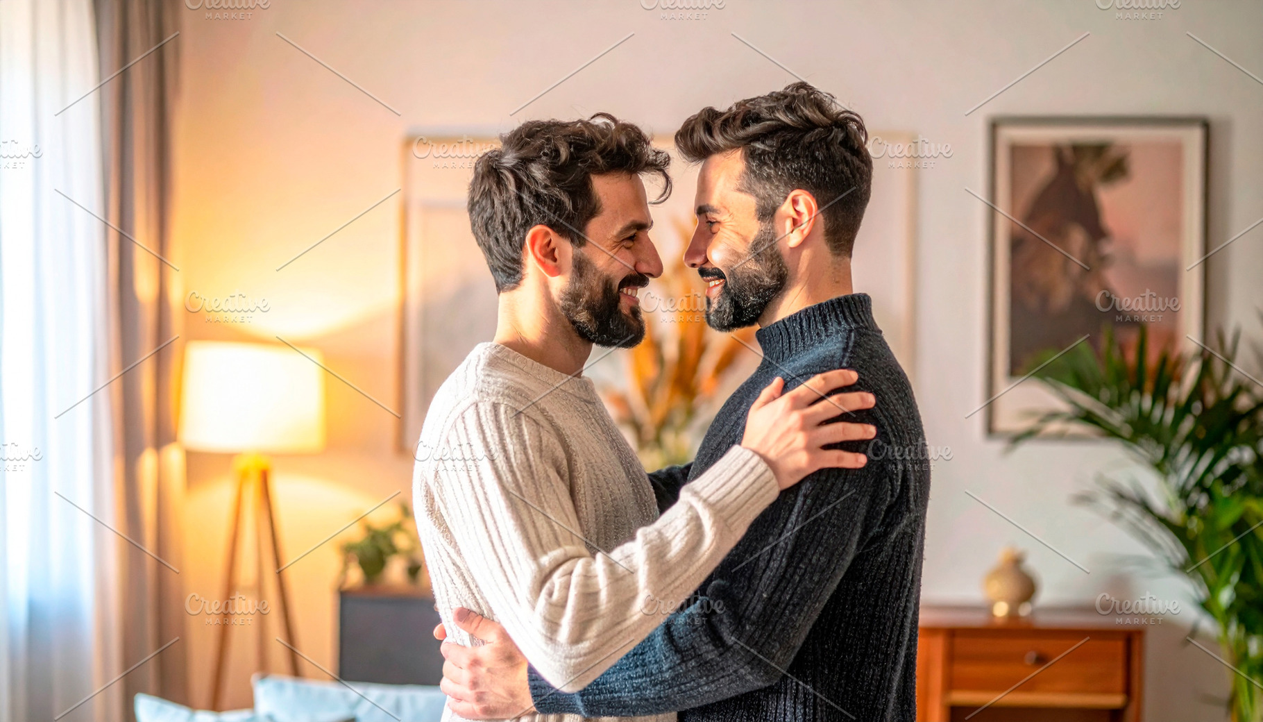 Gay Couple Hugging at Home, a Person Photo by Davizro's Market