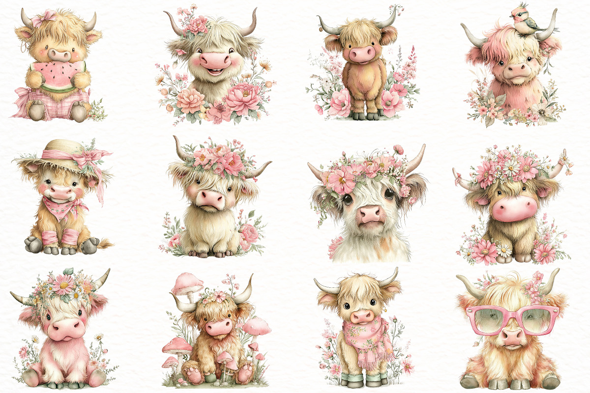 Whimsical Summer Highland Cow Clipar, an Illustration by Designworld (Photo 5 of 8)