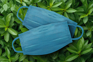 Two blue medical masks mockup placed on a bed of green leaves, a Mask Mockup by Textures & Backgrounds