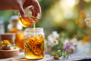 Pouring cold homemade herbal infusion into jar with fresh flowers and sunlight, a Food & Drink Photo by AlyaAnd
