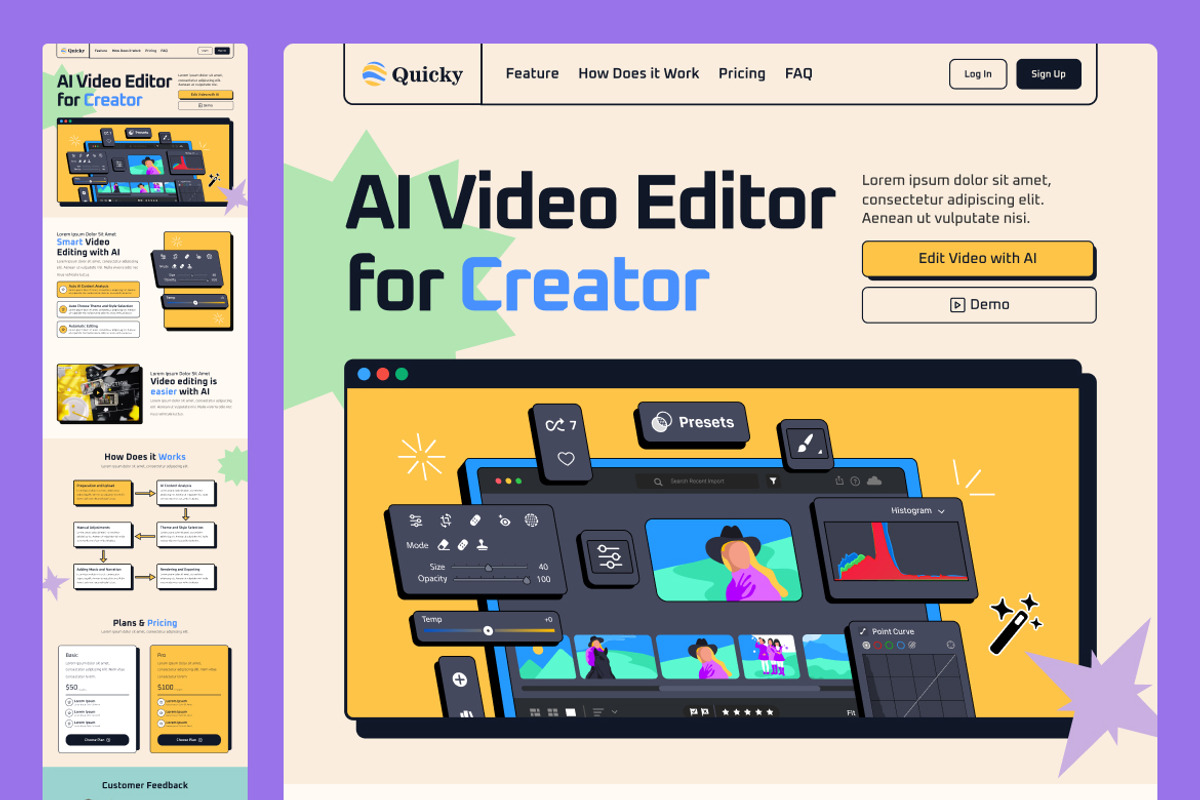 Video Editor Web Landing Page, a Landing Page Template by UICreative (Photo 2 of 4)