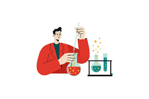 Scientist in a red lab coat conducti, an Illustration by designvectx