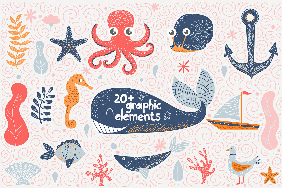 Marine - clipart & lettering, an Animal Illustration by DruZhi Art (Photo 2 of 10)