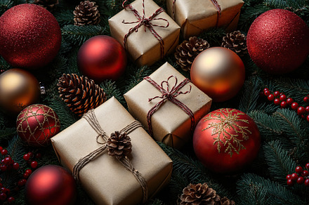 Christmas gift boxes with decorations and ornaments. Generative AI, a Holiday Photo by OSORIOartist