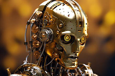 Shining steampunk robot portrait in cinematic style