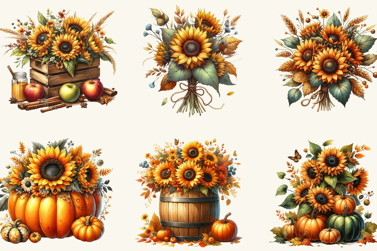 Vintage Sunflowers Autumn Clipart, a Work Illustration by cherrydesign (Photo 2 of 3)