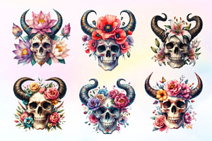 Floral Skull With Horns Clipart PNG