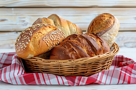 Different kinds of baked bread in basket on wooden table, a Food & Drink Photo by AlyaAnd