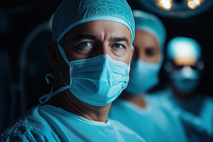 A focused neurosurgeon male surgeon wearing a surgical mask and cap, with two o, a Person Photo by Textures & Backgrounds