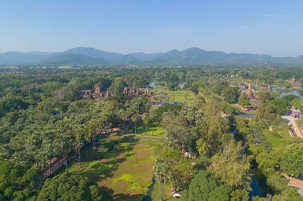 Aerial view of Sukhothai Historical Park, buddha pagoda stupa in