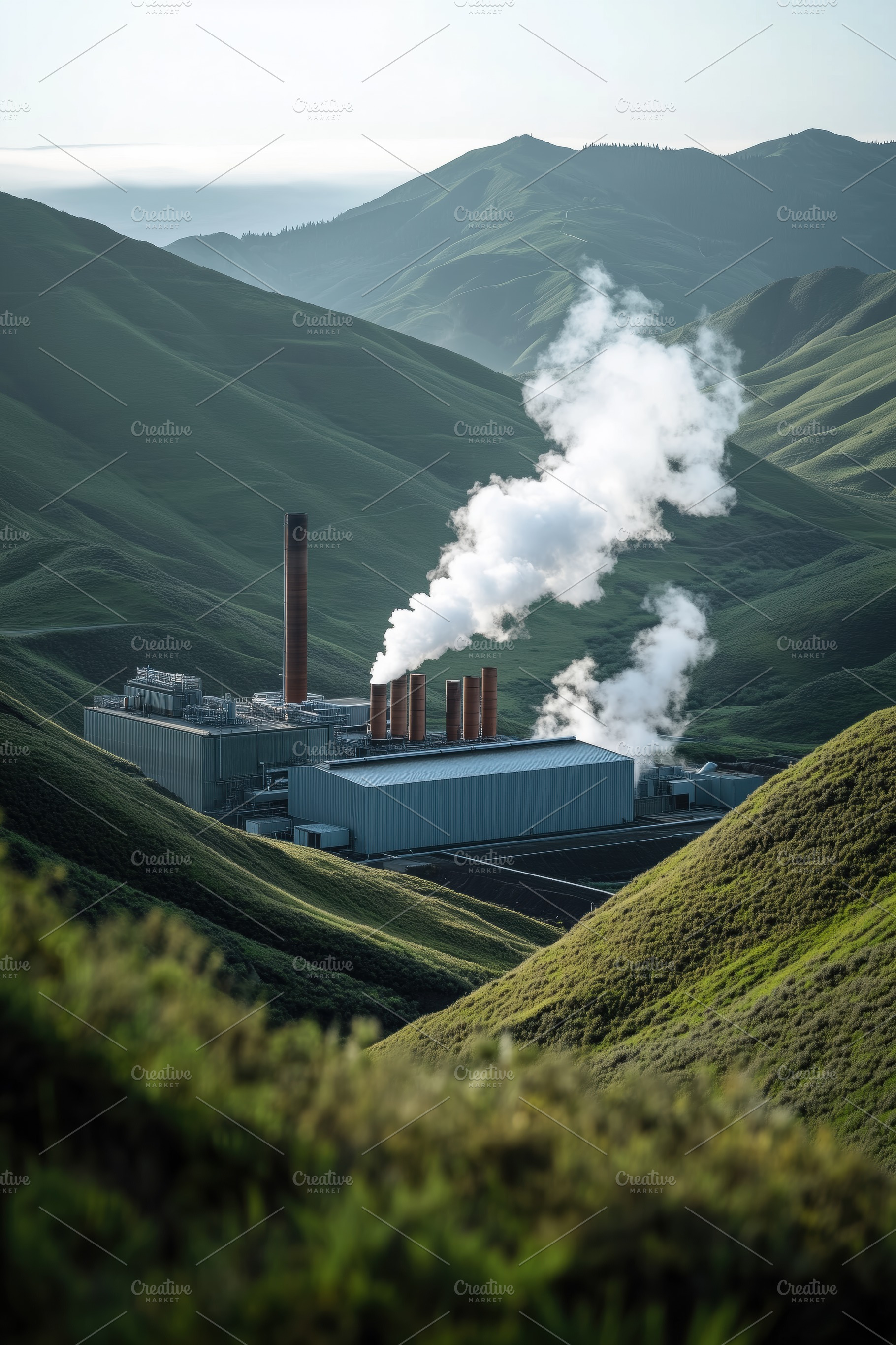 A power plant with smokestacks emitting steam, nestled in a lush green valley s, an Industrial Photo by Textures & Backgrounds