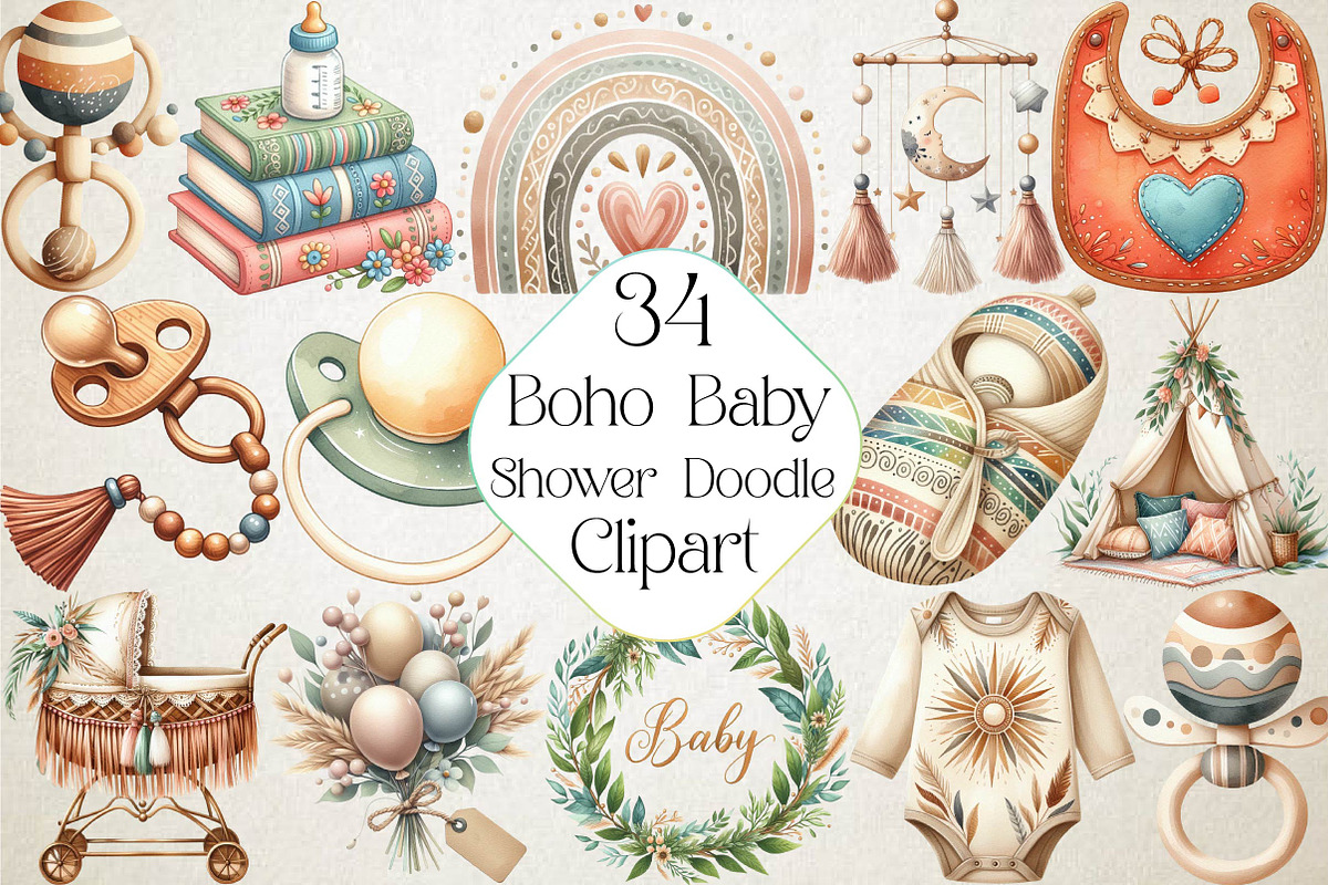Neutral Boho Baby Shower Doodle Clip, an Illustration by DreamPrint404 (Photo 1 of 6)