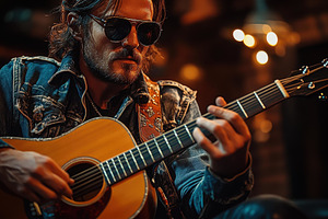 Musician plays acoustic guitar in a, a Photo by Tanuart