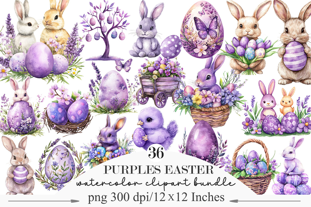 Watercolor Purples Easter Clipart, an Illustration by Designking (Photo 1 of 5)