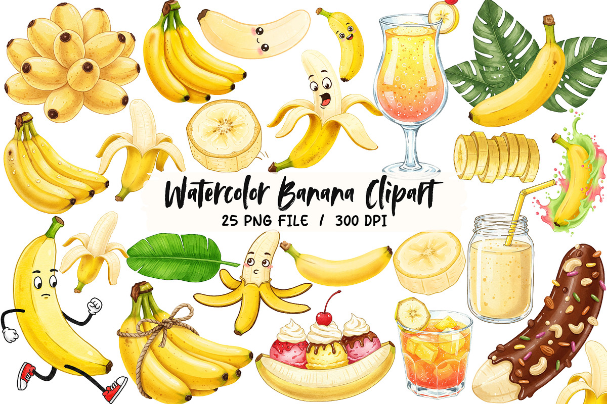 Watercolor Banana Clipart, an Illustration by Libby Wishes (Photo 1 of 6)