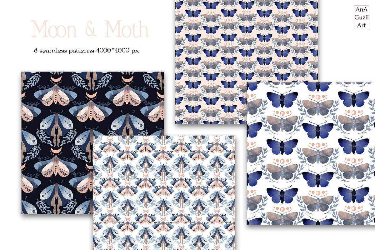 Moon and moth pattern & clipart, a Decorative Illustration by AnaGuziiArt (Photo 3 of 6)