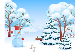 Winter Snowy Forest Landscape. Funny