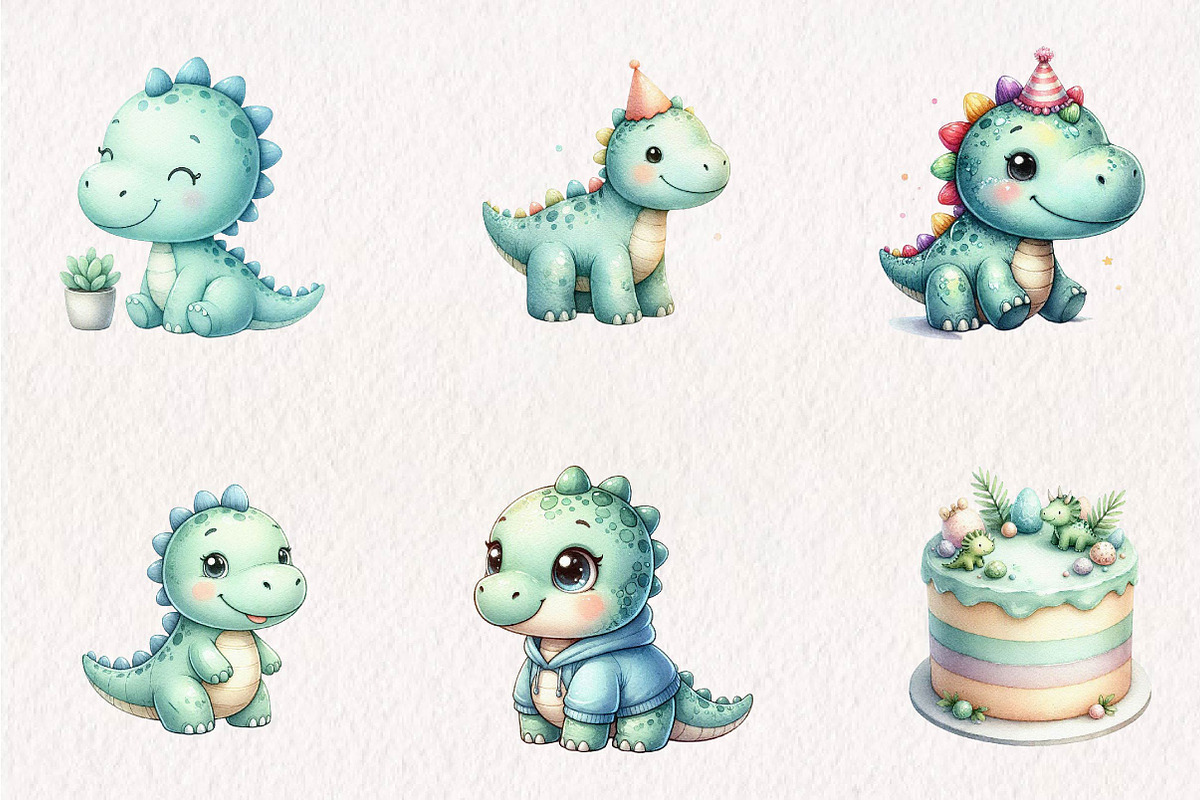 Cute Watercolor Dinosaur Clipart, a Seasonal Illustration by CreationArt (Photo 3 of 7)