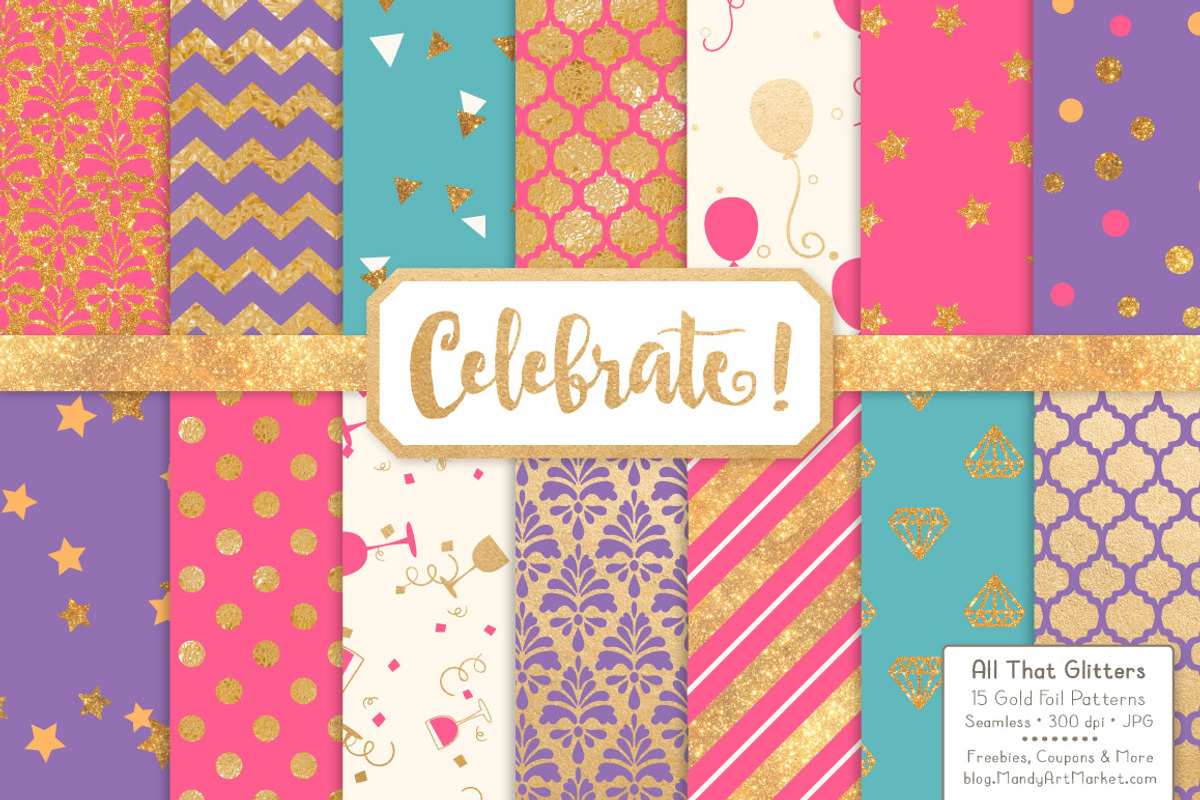 Crayon Box Gold Foil Digital Papers, a Pattern Graphic by Amanda Ilkov (Photo 1 of 4)