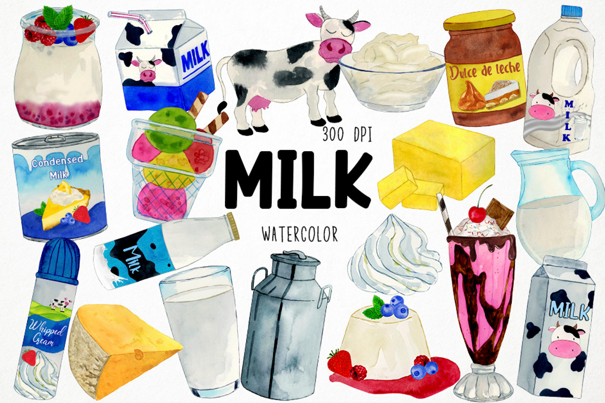 Watercolor Dairy Clipart, Milk, an Object Graphic by Paulaparaula (Photo 1 of 3)