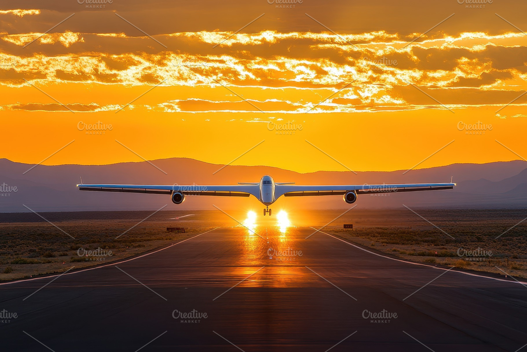 Airplane off on runway at sunset, a Photo by Pavel_design